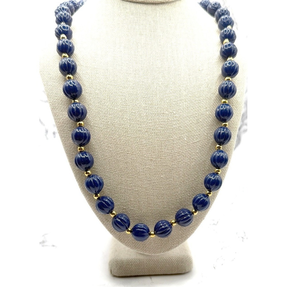 Vintage Navy Blue‎ Carved Bead Necklace 18" Gold Spacer Classic Strand